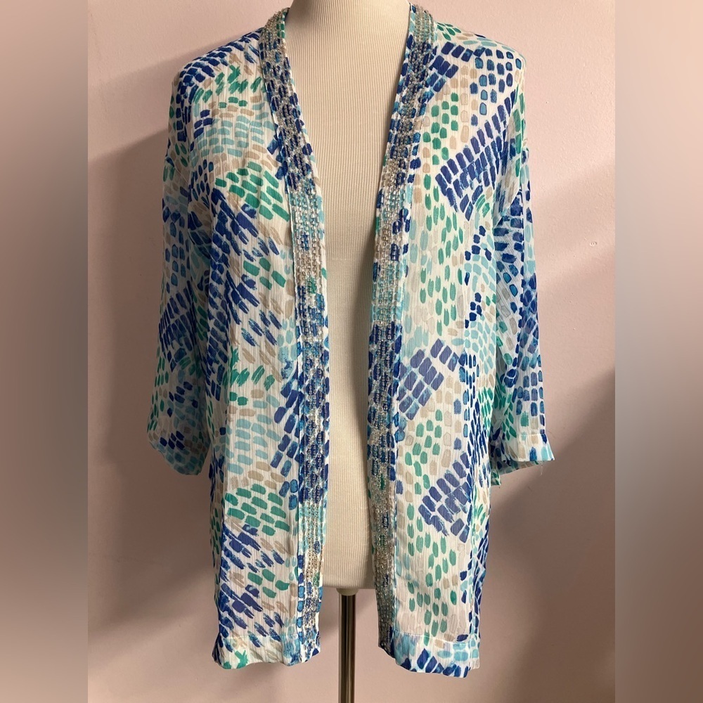 Chico’s Women’s Open Front Sheer Jacket, Size 0, Blues/Greens, Embellished